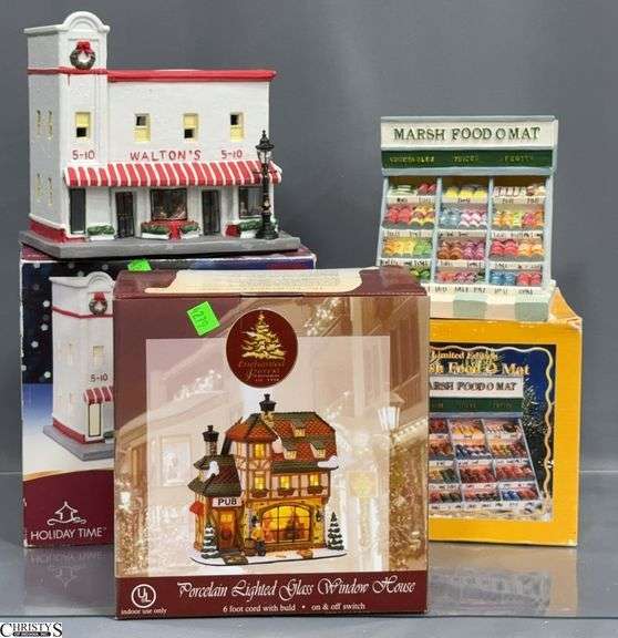 3pcs Lighted Village Houses, Marsh, Waltons, Glass Window House image