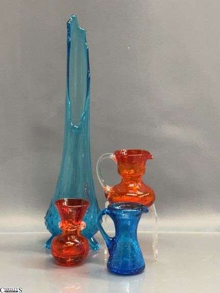 4 pcs Mid Century Crackle and Hand Blown Glass Pieces - L. E. Smith Swung Vase - 12" of tallest image
