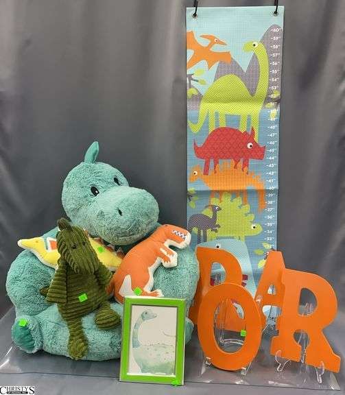 Dinosaur Bedroom Decor, Seat, Growth Chart, Plush Animals, ROAR letters, Framed Art image