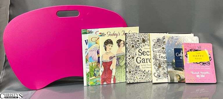 6 Adult Coloring/Journal Books and Pink Lap Desk - 23" of lap desk image