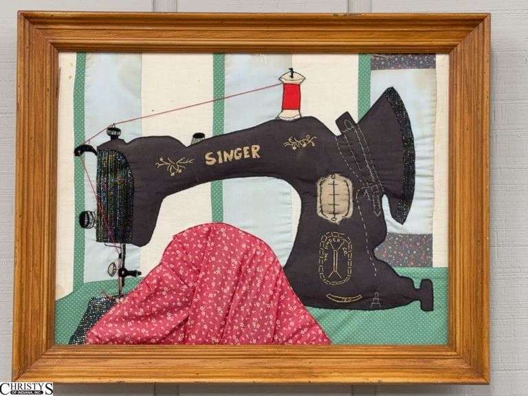 Singer Sewing Machine Framed Textile Art Piece - 28" x 22" of frame image