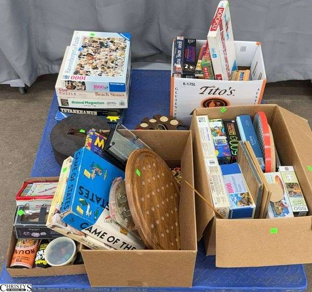 Skid With Vintage and Modern Board Games, Mostly Opened, Poker Chip Caddy, Puzzles,  SKID NOT INCLUDED image