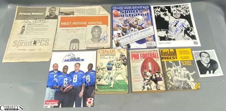Football Memorabilia Lot With Signatures, Jerome Pathon, Reggie Wayne, Marcus Pollard, Jeff Burris,  Bert Jones, Brian Piccolo, Football Digest Books image