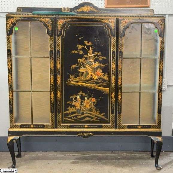 Asian Influence Chinoiserie Display Cabinet - 48" x 12.5" x 50" - some finish wear - 2 doors are locked, no key image