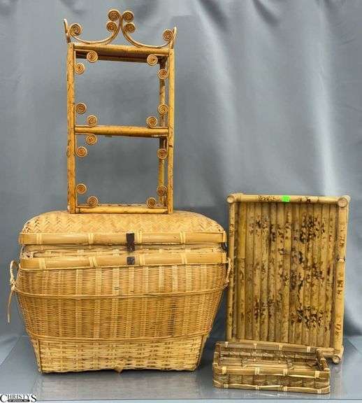 Rattan and Bamboo Woven Storage Trunk and Wall Shelves and Tray, Largest 14x22x16" image