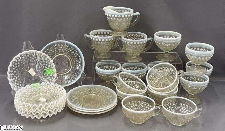 Hobnail Fenton Style White to Clear Custards, Cups, Creamer and Sugars image