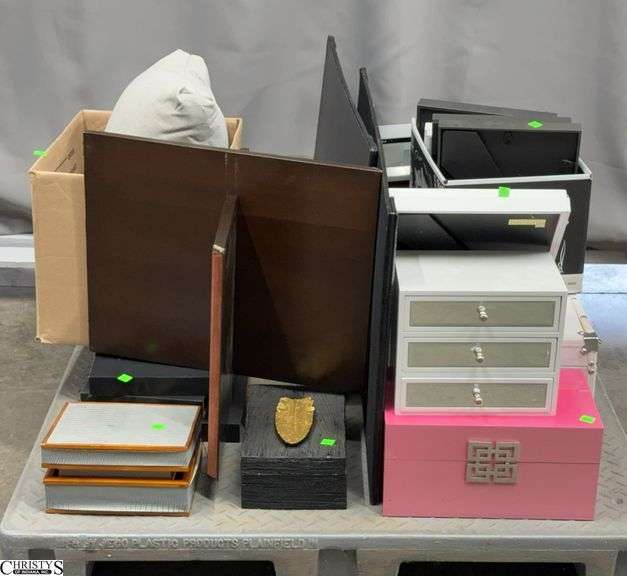 Skid With Decor Frames, Floating Shelves, Small Storage Trunks, and Boxes, Desk Mats, Some Items Are Damaged image