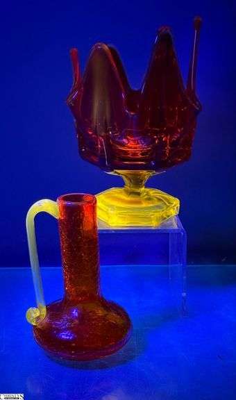 2 Mid Century UV Reactive Accent Glass Pieces - Viking Swung Amberina and Pilgrim Crackle - 6" of tallest image