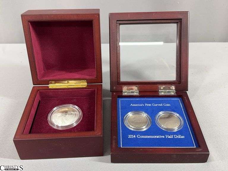 Curved $1 Coins in Display Boxes.  Apollo II 50th Anniversary Commemorative and 2 America's First Curved Coin 2014 Commemorative Half Dollars image