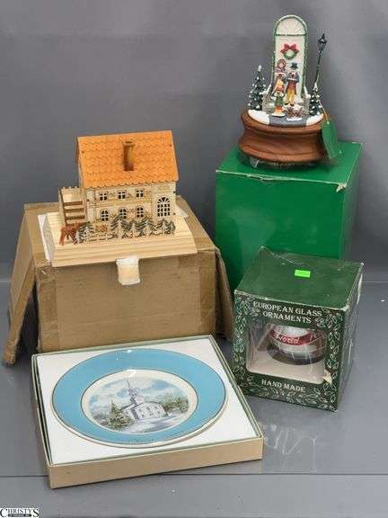 Christmas Plate, Stocking Holder, Glass Ornament, Heritage Village Music Box image