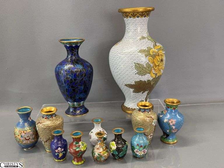 12 Asian Cloisonné Style Vases, Largest 8.25" image
