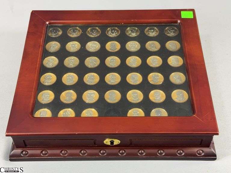 Presidential Dollar Coin Set in a Glass Top Display Box.  There are 40 coins Gold and Silver in Color. image