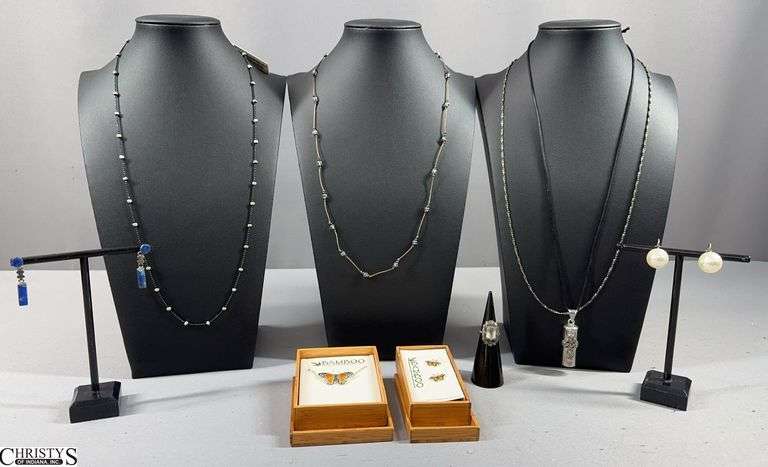 Matching Bamboo Butterfly Necklace and Earrings (Sterling Silver Cloisonne Enamel) in Wood Boxes, 1 Sterling Ring, a Pair of Earrings Marked Sterling, a Pair of Earrings Marked 950, and 5 Necklaces Marked Sterling image