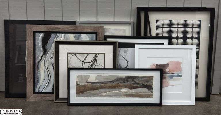 9 Modern Style Framed Prints - 30.5" x 43" of largest - some wear/chipping to frames image