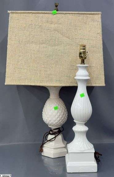 2 White Ceramic Table Lamps, Pineapple with Linen Shade Tallest 32" image