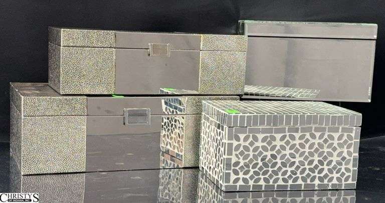 4 Silver Tone Mirrored Tabletop Storage Boxes - 16" x 9" x 5.5" of largest image