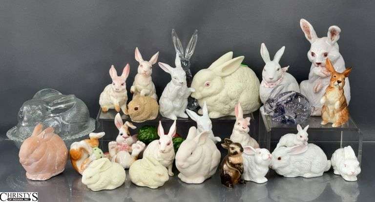 Ceramic Bunny Figures, Glass Bunny on Basket, Art Glass Bunny, Radish Salt and Peppers image