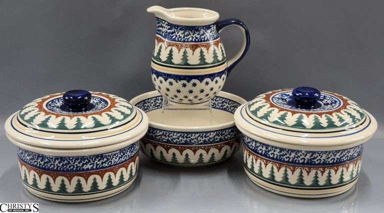 4pcs Boleslawiec Polish Pottery, 2 Casseroles, Bowl, Pitcher - 8" x 5.5" of casserole image