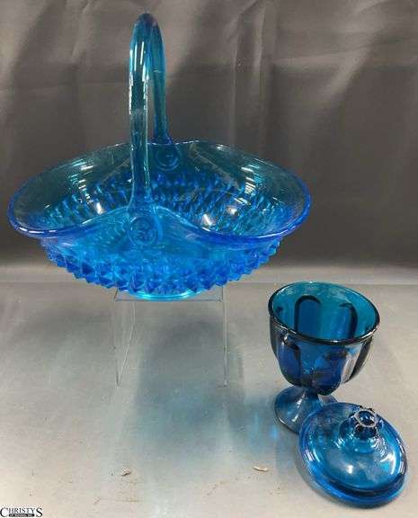 2 Pcs Blue Glass Lidded Compote , Basket 11" Tall image
