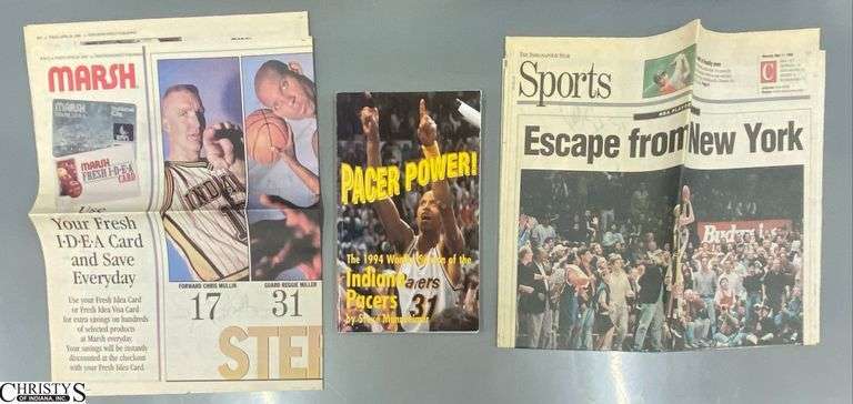 3pcs Pacers Power Book, 2 News Papers with Signatures Reggie Miller, Chris Mullin, Rick Smits image