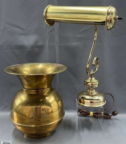 Wells Fargo & Co Overland Stage Brass Spittoon and Brass Desk Lamp - 10" of spittoon image