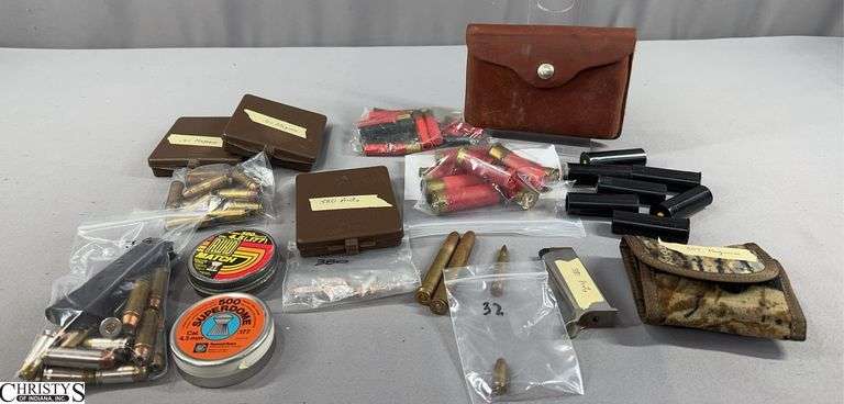 Mixed Lot of Ammunition.  Includes 12 Rounds of .357 in an Uncle Mike's Sidekick Pouch, Approx. 24 Cal. .45 Loose Cartridges and a .45 Cal. Magazine, 23 cal. .380 Cartridges, Case-Gard 18 Cartridges Holder and a .380 Magazine, Approx. 39 Cal. .41 Cartridges, 2 Ammo Wallets, 18 Cal. 30-06 Cartridges in a Hunters Pouch, a Few 12 ga. and 410 ga. Shotgun Shells, 2 Cans of 4.5mm Pellets and Other Pieces image