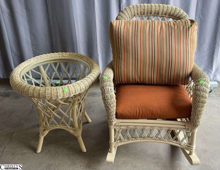 Vinyl Wicker Rocking Chair and Round End Table, The Wicker is Sticky, Chair Measures 27x36x38" image