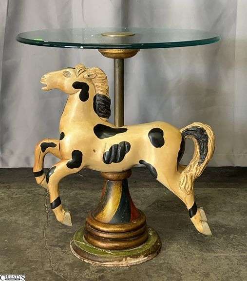 Carousel Horse Motif Glass Top Side Table - 23" x 19" x 26" - some finish wear image