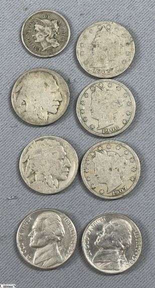 1867 Nickel Three-Cent Piece, 3 Liberty Head "V" Nickels 1905, 1906 & 1907, 2 Buffalo Nickels (dates unreadable), and 2 Jefferson Nickels 1980 & 1988. image