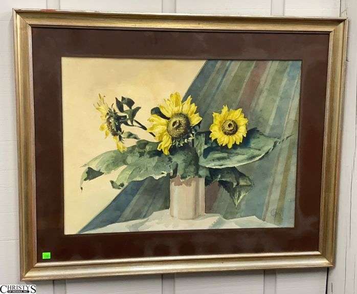 Signed Sunflower Watercolor Painting - 35" x 24.5" of frame image
