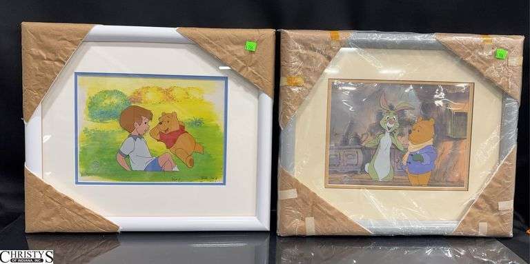2 The New Adventures of Winnie The Pooh Production Cel  with a Photographic Reproduction Background Wall Decor. with Frames.  Both have the Walt Disney Company Stamp.  Pooh with Christopher Robins and Pooh with Rabbit.  Approx. 19" X 16" image