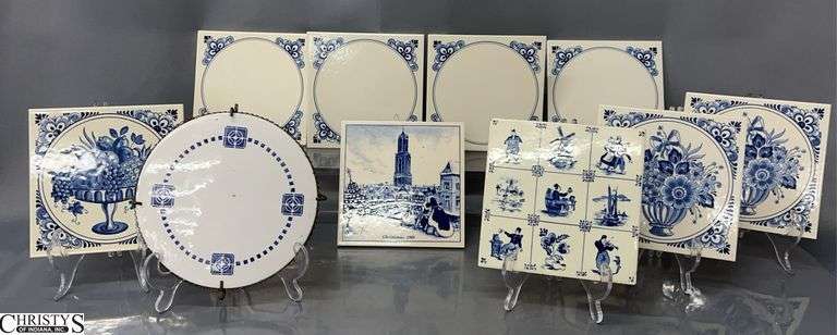 Blue & White Delft Tiles and Trivet - 10pcs - 6" x 6" of each tile image