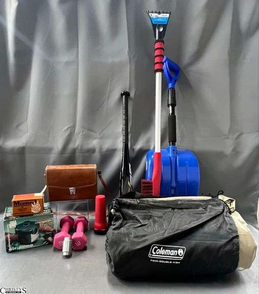 Binoculars, Easton Baseball, Small Snow Shovel and Brush, Air Mattress and Pump image