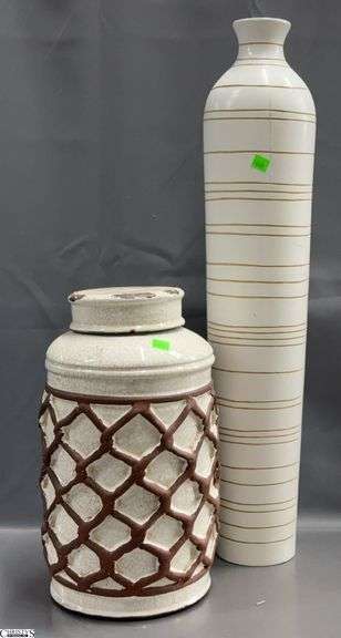 Vase and Lidded Pottery Style Jar, Tallest Wood 28" image