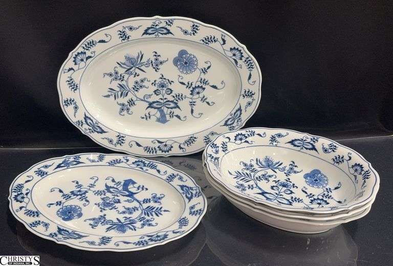 2 Blue Danube Platters and 3 Serving Bowls.  Bowls are approx. 10" X 7" X 2".  Platters are 12" & 14" image