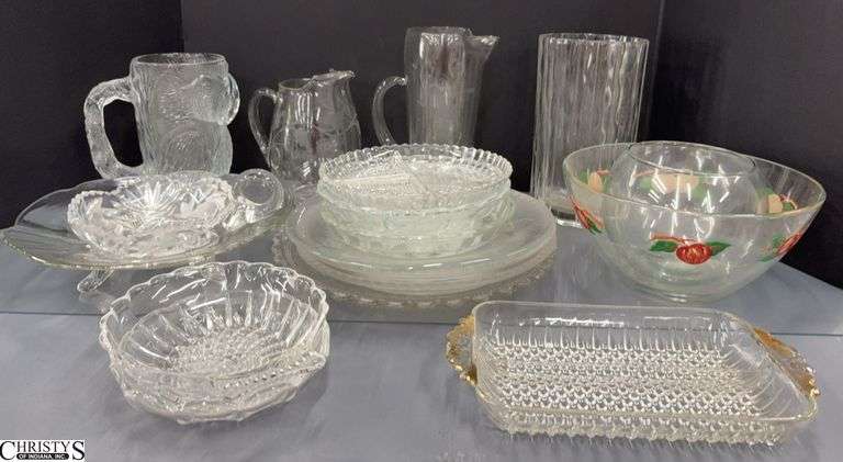 Clear Pressed Glass, Parrot Pitcher, Vases, Footed Trays, Tallest 8.5" image