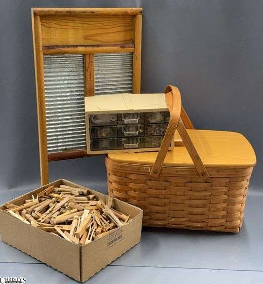 Longaberger Picnic Basket, Clothes Pins, Various Buttons, Wash Board - 15" x 9" of basket image