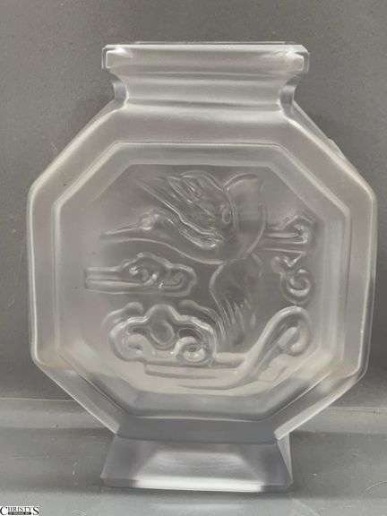 Frosted Octagonal Imperial Glass Vase, Signed Virginia B Evans 7" Small Chip image