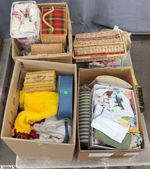 Skid With Sewing Notions Baskets, Fleece, Quilted Blanket, Small Needle Point Pillows and Linens, Zippered Storage, Crochet, Embroidery,  SKID NOT INCLUDED image