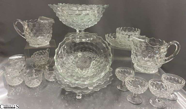 Clear Fostoria Dishes, Platters, Champagnes, Cream and Sugar, Pitcher, Punch Bowl and Cups image