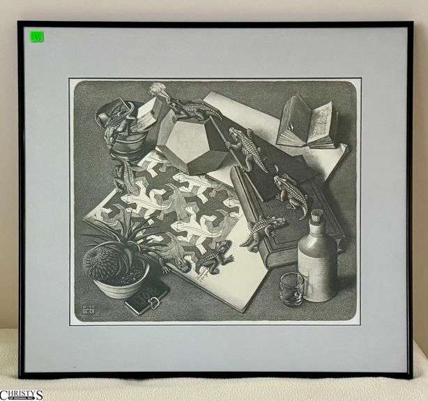 "Reptiles" M.C. Escher Black and White Surrealist Print - 24" x 24" image