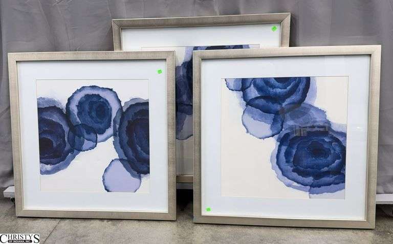 3 Metallic Framed Blue Hue Water Color Wall Art, Some Wear To Frames 35x35" image