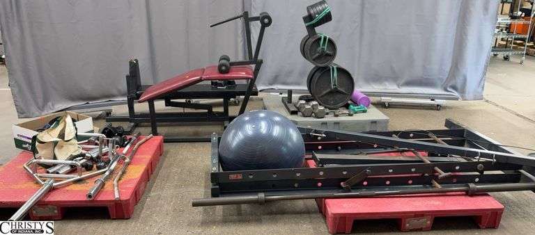Weight Lifting Home Gym Equipment - Weight Rack and Weights, Hand Weights, Benches, Machine Parts - SKIDS NOT INCLUDED image