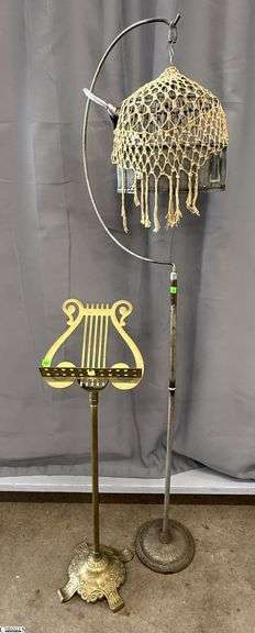 Decorative Birdcage on Stand and Brass Tone Lyre Style Music Stand - 65" of stand image