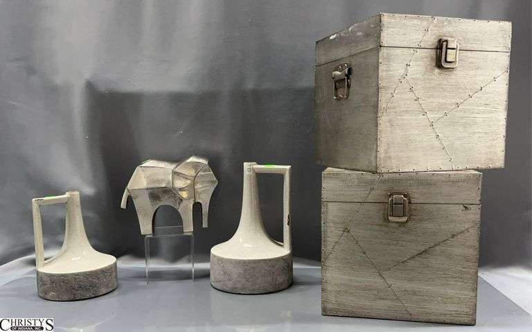 2 Gunmetal Style Wooden Storage Boxes, Metal Elephant, 2 Pottery Decorative Ewers  - 10" x 10" x 10" of box image
