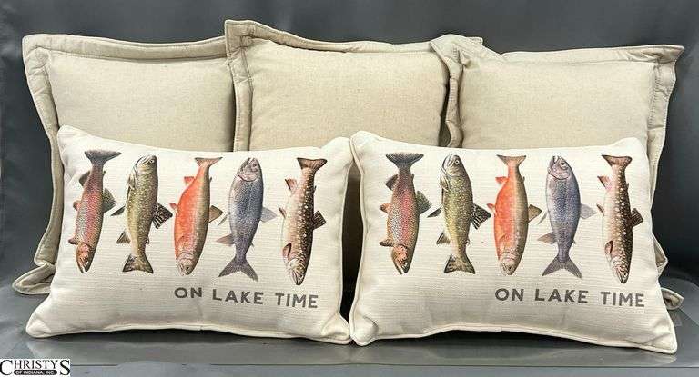 5 Off White Striped On Lake Time Fish Motif and 3 Throw Pillows 18" image