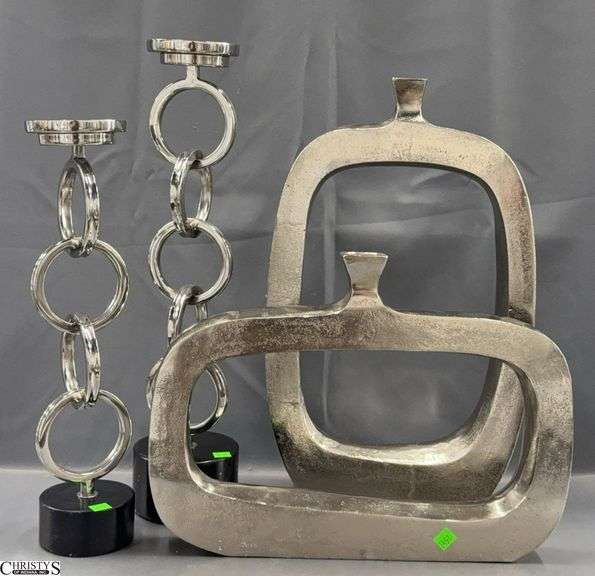 Chrome Style Decor Vases, Pair of Chain Like candle Stands Tallest 22" image