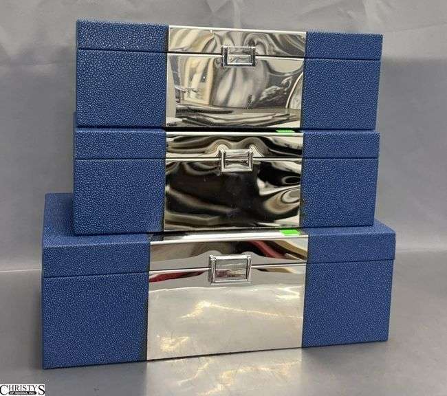 3 Blue Chrome Accent Storage Boxes - 16" x 9" x 5.5" of largest image