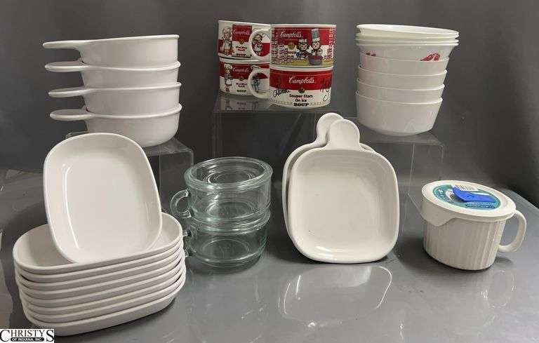 Campbells soup Mugs, White Bowls, Corelle, Corning Ware image