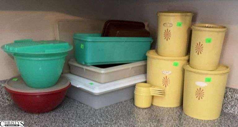 Vintage Tupperware Grouping - Canisters, Measuring Cups, Misc - 9" of tallest image